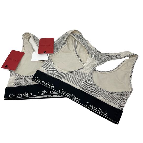 Calvin Klein Plaid Modern Cotton Wireless Unlined Bralette 2 Pack S Black, Tan - Picture 3 of 7